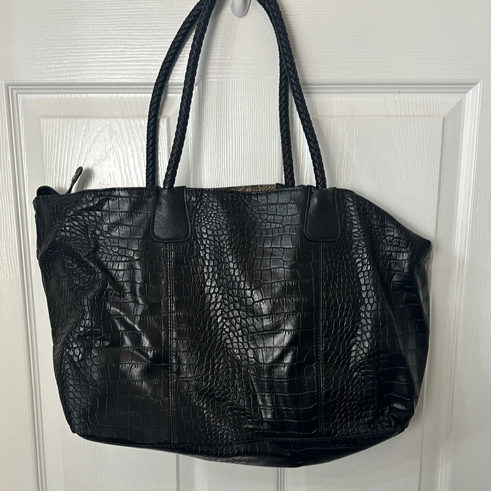 Black Faux Crocodile-Embossed Tote Bag